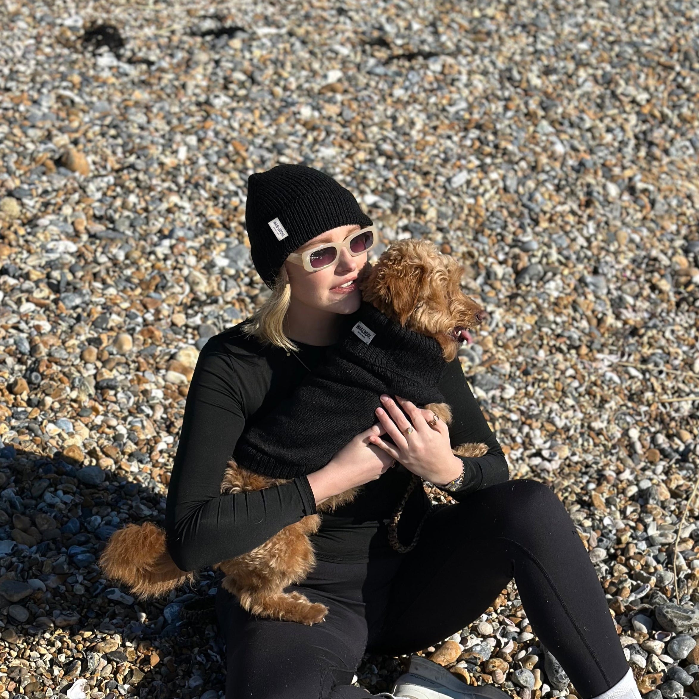 black dog jumper and matching beanie hat