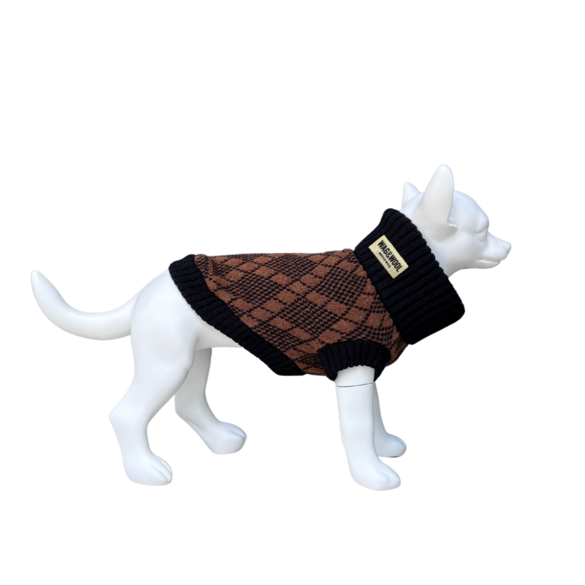 Black and brown argyle dog jumper