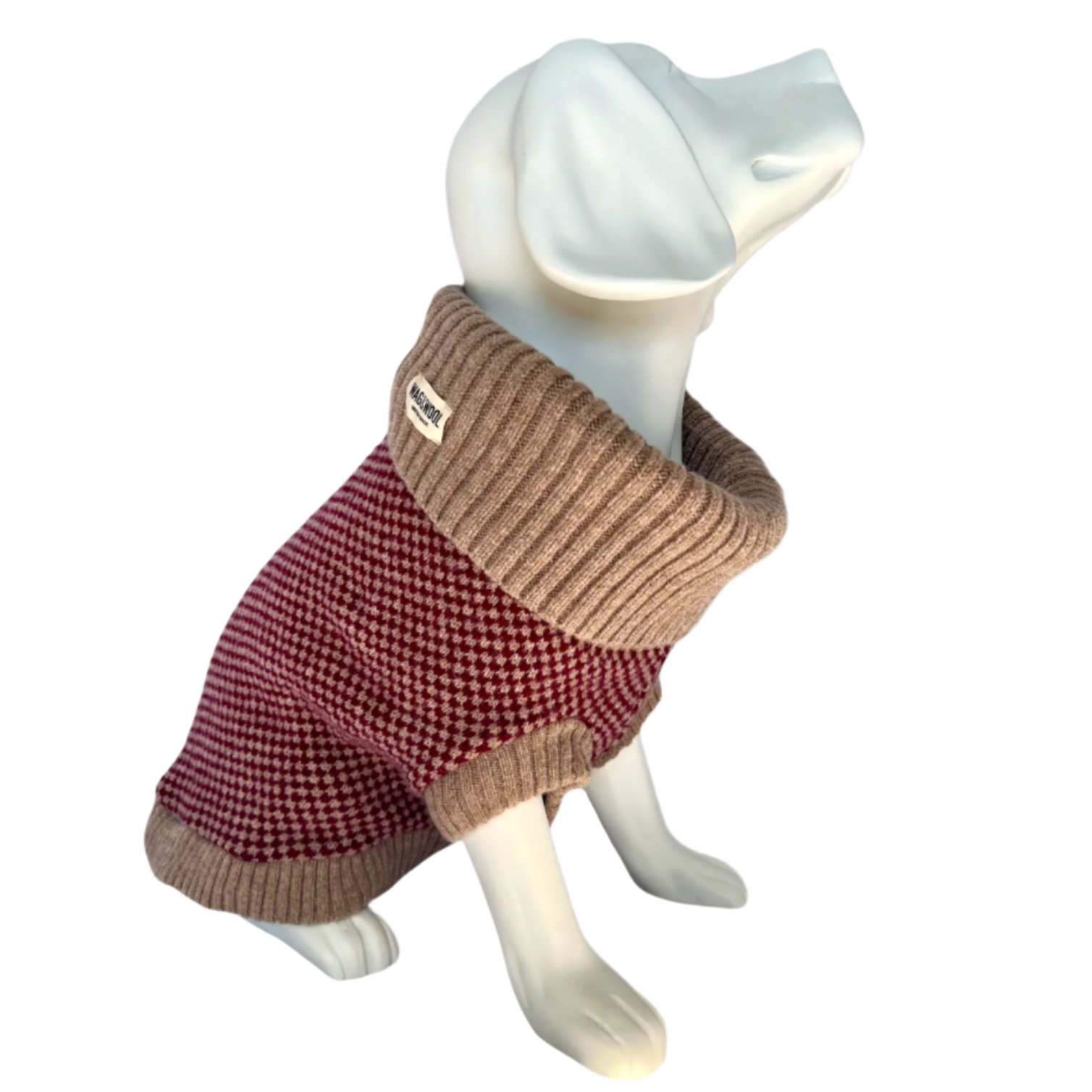 dog mannequin in a burgundy jumper